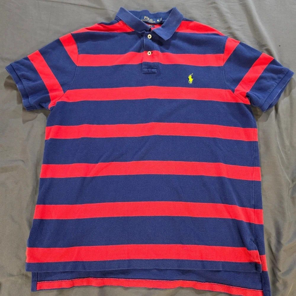 Polo Ralph Lauren Mens XL Custom Fit Striped Polo Shirt Navy Red Yellow Pony